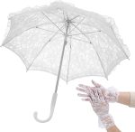 White Lace Embroidery Parasol with Floral Lace Wrist Gloves for Wedding Flower Girl - Small Vintage Bridal Umbrella Kids Craft Flowers Lace Parasol